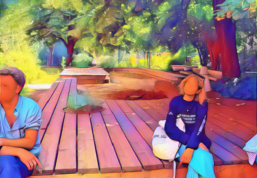 WIENWOCHE 2023: Imagine. An AI generated image of a park with a playground and two figures sitting in the front. © Father & Bastards generated by Canva A:I
